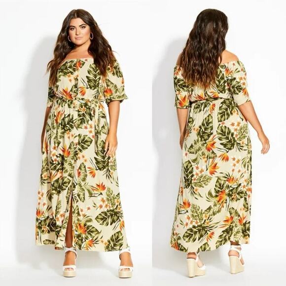 City Chic Women's Plus Size 18 Maui Maxi Dress Elasticated Off Shoulder Bohemian - Picture 1 of 16
